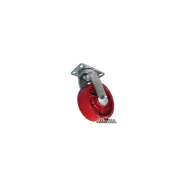 6"x3" Kingpinless Heavy Duty Swivel Caster, Red Ductile Iron Wheel
